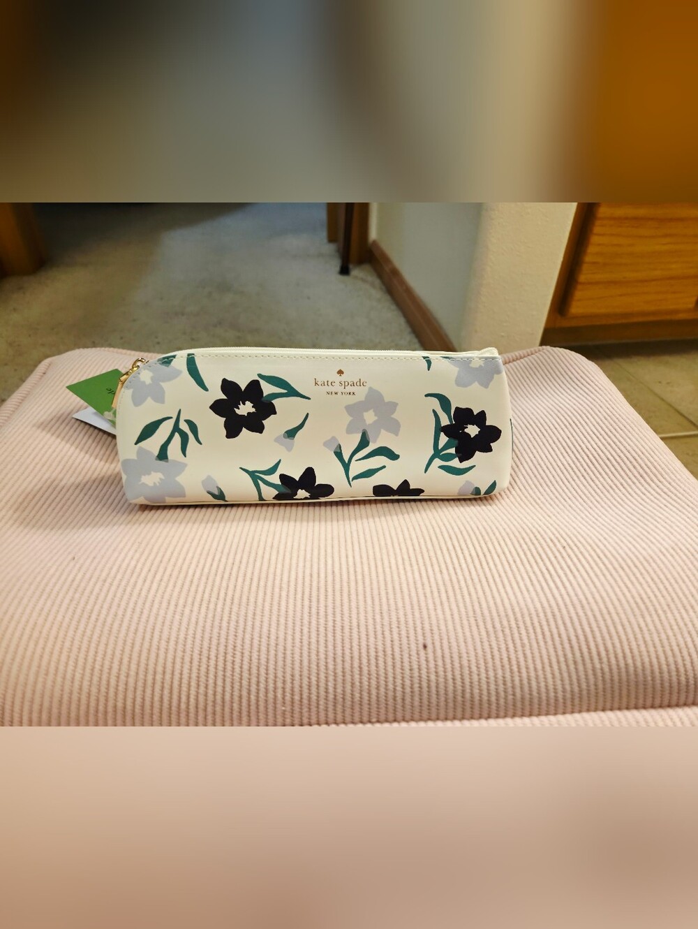 kate spade Cream Floral Pencil Pouch Or Cosmetic Pouch with Flower Accents